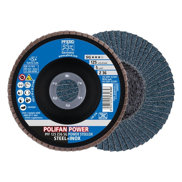 Pferd 5" x 7/8" A.H. POLIFAN Flap Disc - Z SG POWER STEELOX, Zirconia, 36 Grit, Flat 62181 - main